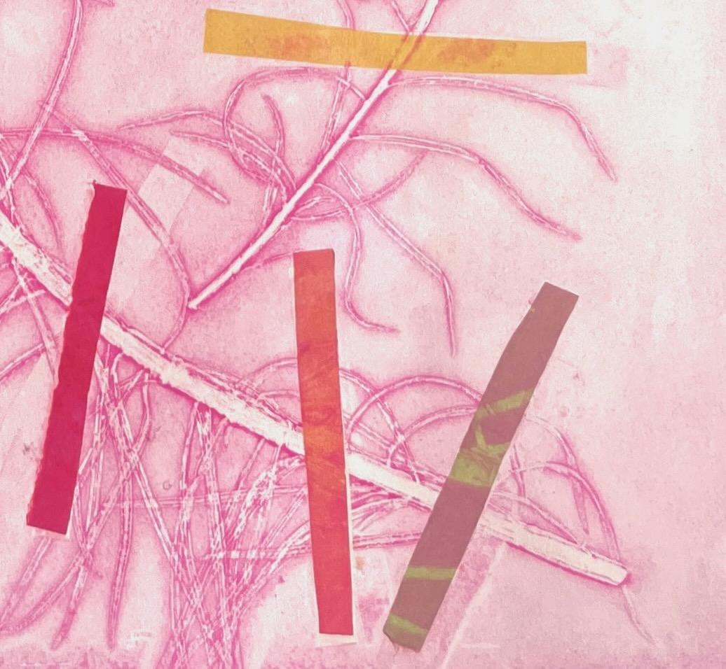 Framed botanical ink monoprint w/ collage & abstract flowers & leaves, pale pink - Abstract Print by Deirdre Murphy