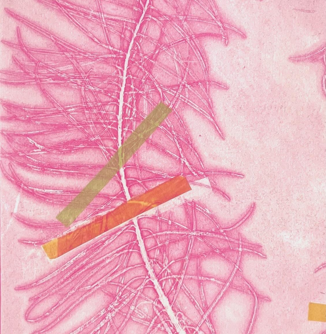 Framed botanical ink monoprint w/ collage & abstract flowers & leaves, pale pink - Pink Still-Life Print by Deirdre Murphy