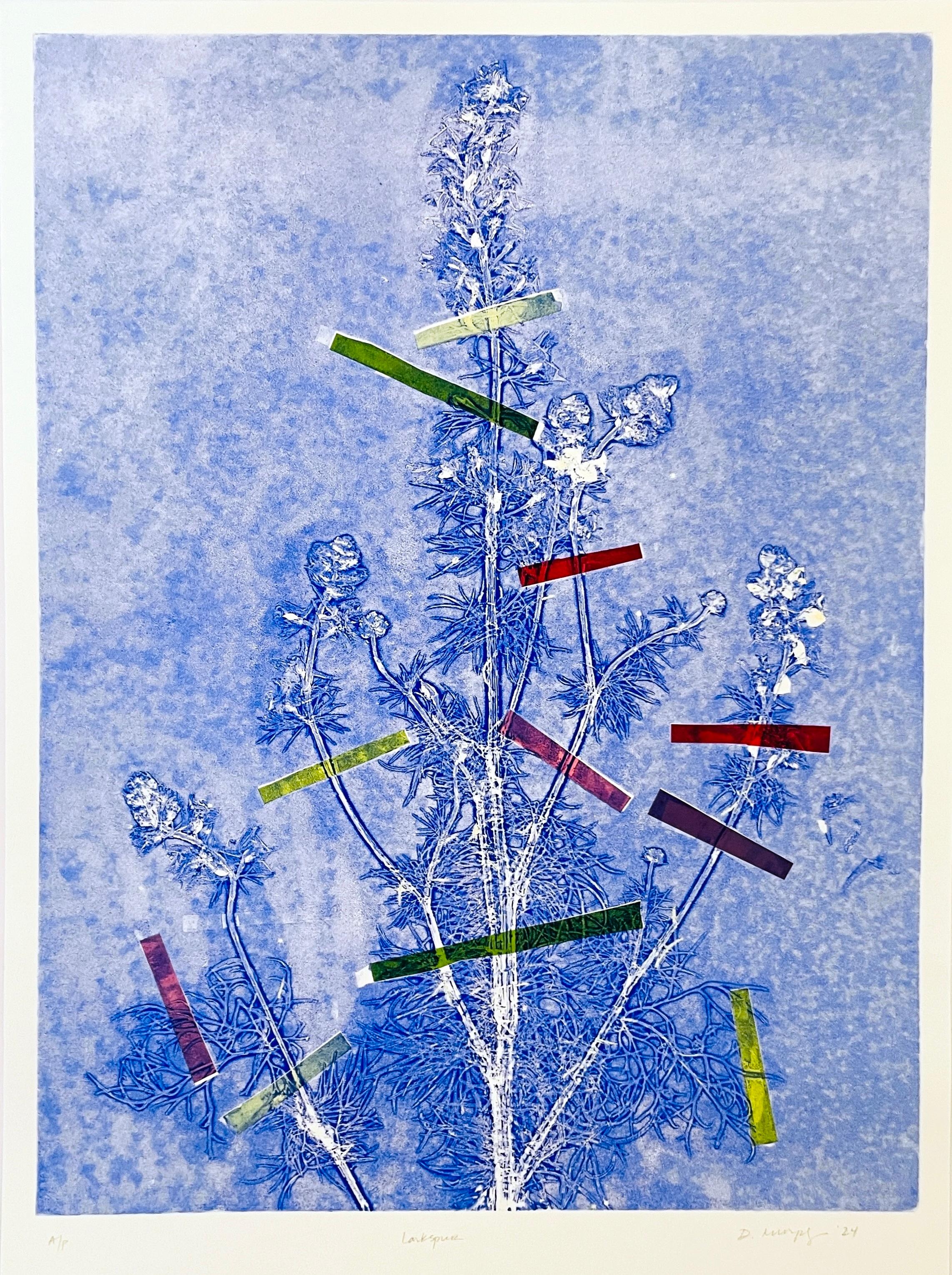 Framed one-of-a kind botanical ink monoprint w/ collage, abstract blue flowers - Print by Deirdre Murphy