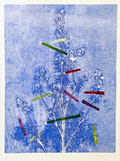 Framed one-of-a kind botanical ink monoprint w/ collage, abstract blue flowers