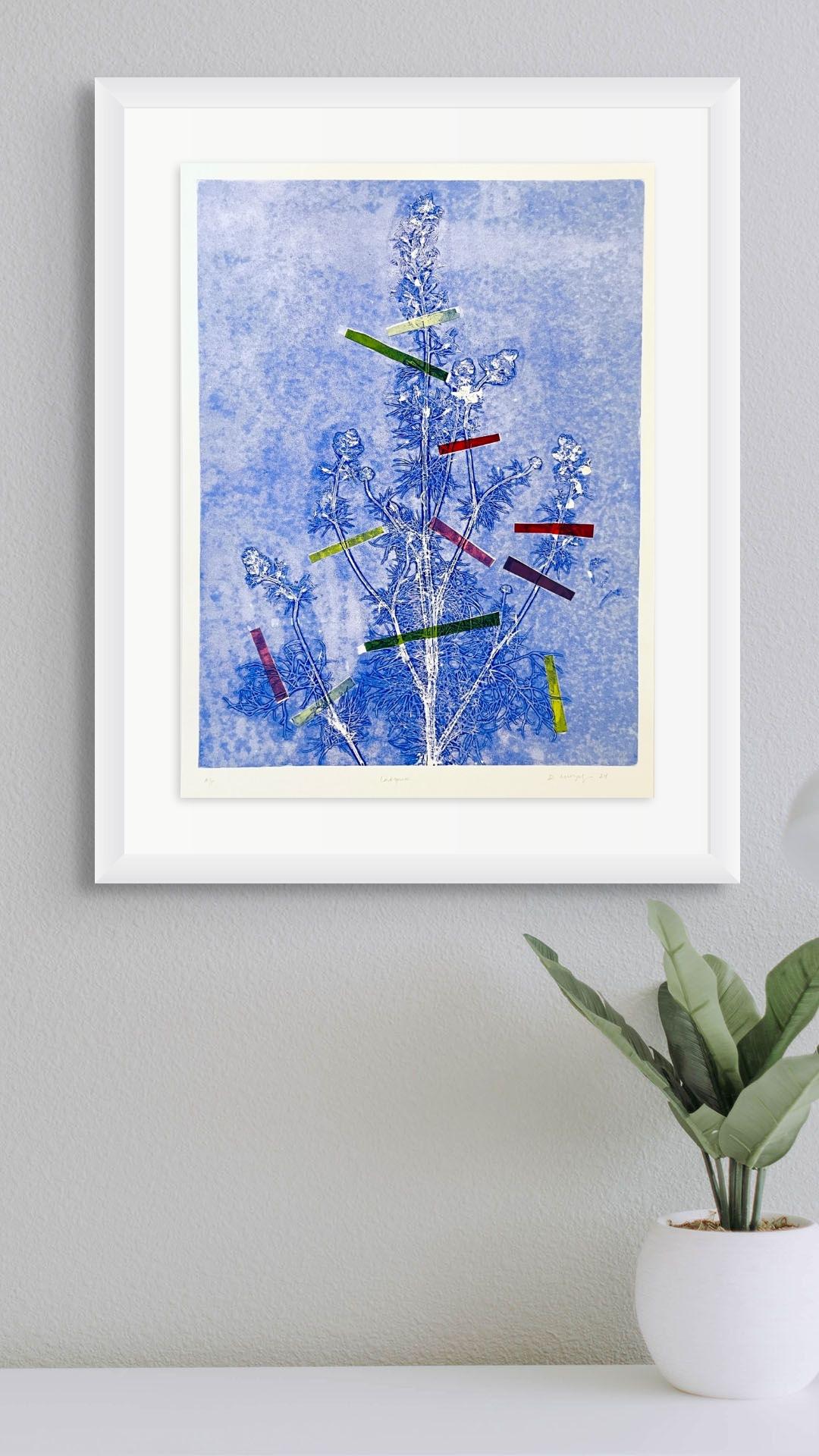 Framed one-of-a kind botanical ink monoprint w/ collage, abstract blue flowers - Contemporary Print by Deirdre Murphy