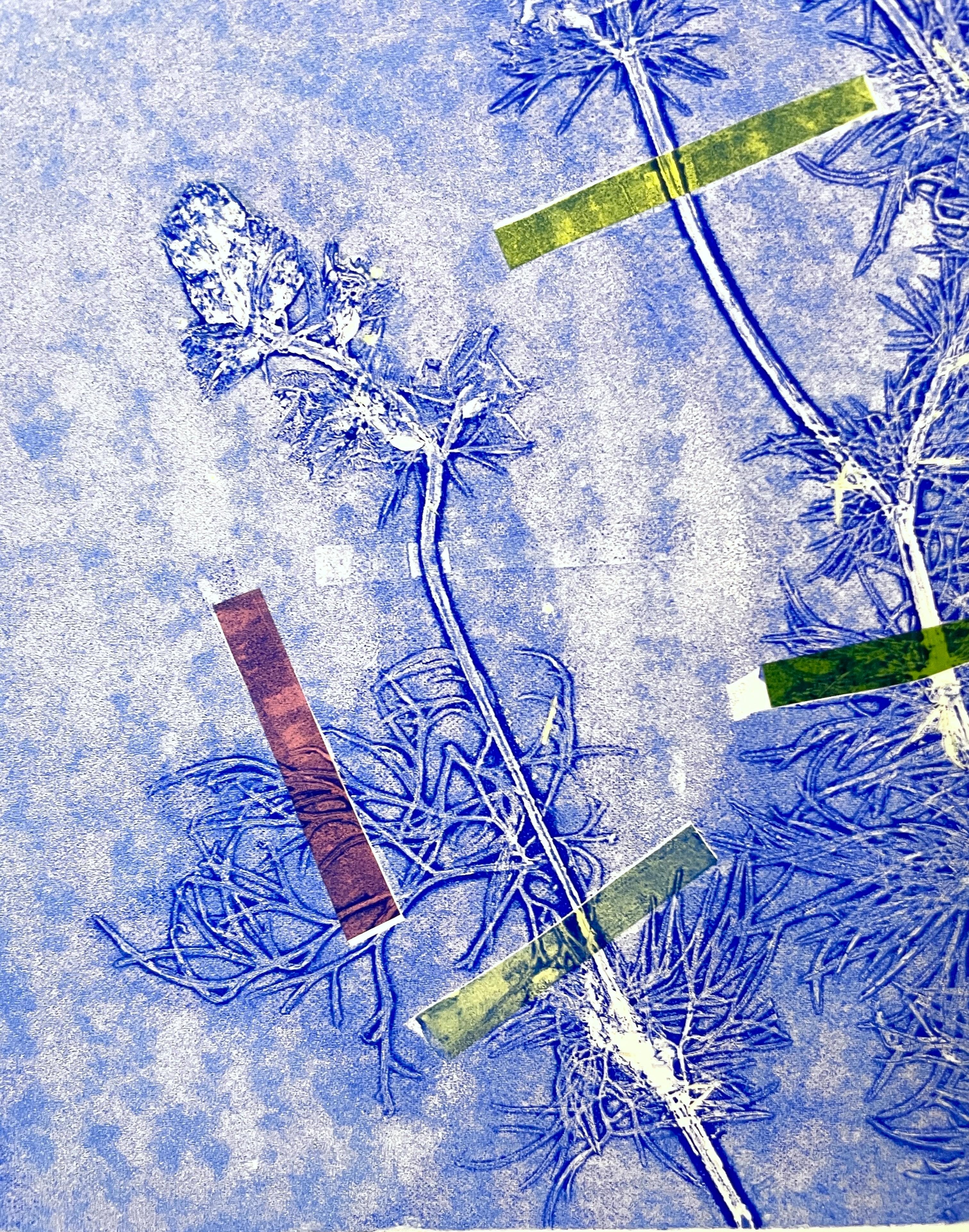 Framed one-of-a kind botanical ink monoprint w/ collage, abstract blue flowers - Blue Abstract Print by Deirdre Murphy