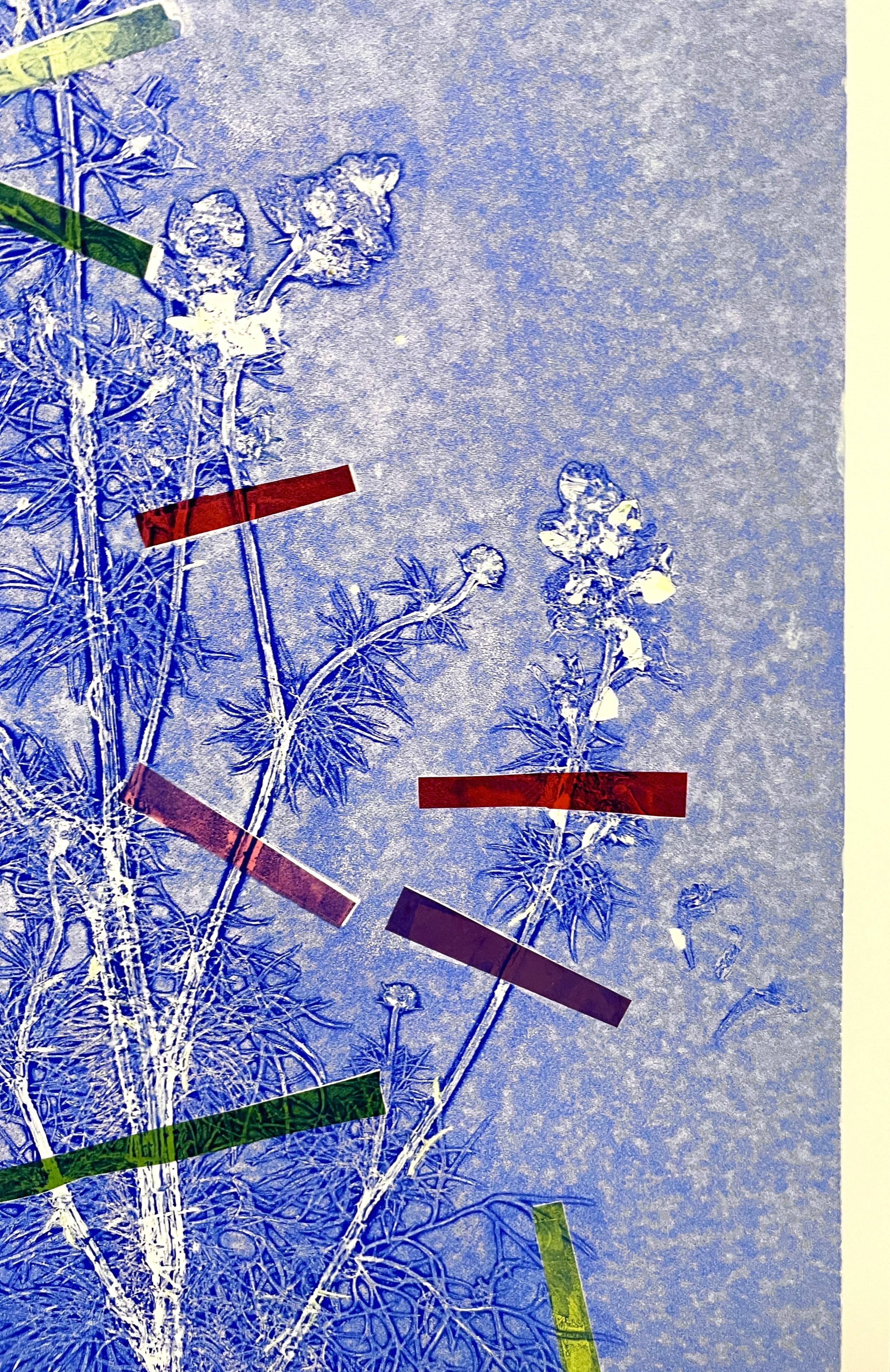 Framed one-of-a kind botanical ink monoprint w/ collage, abstract blue flowers For Sale 1