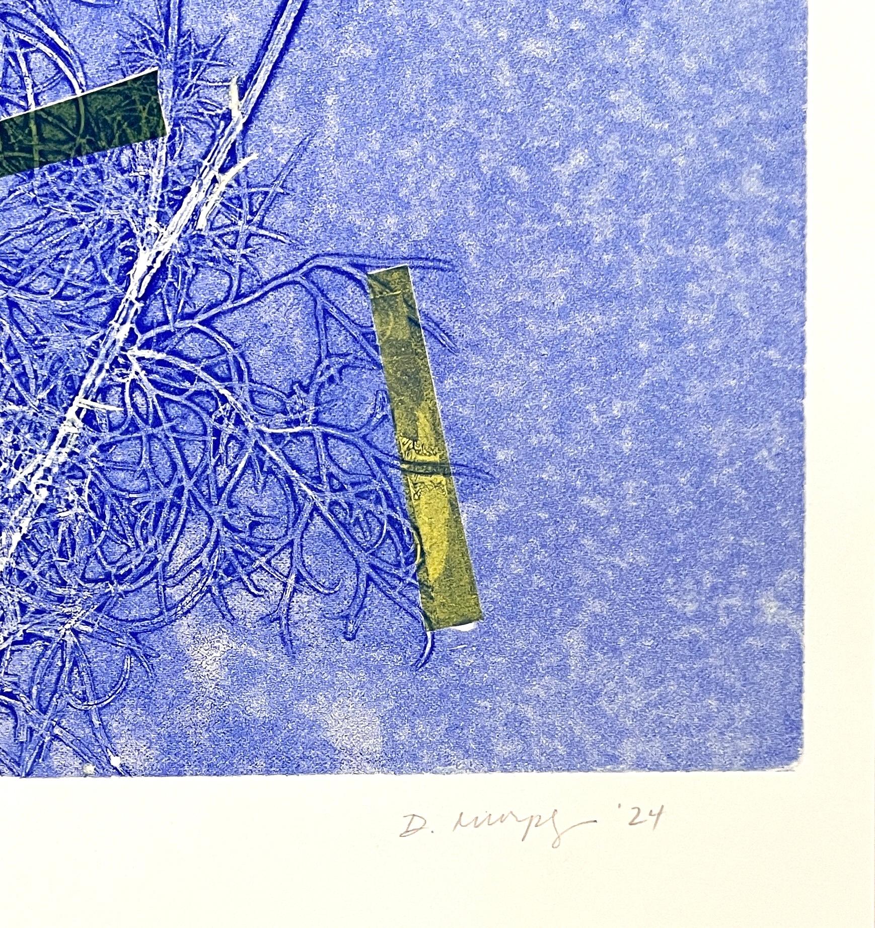 Framed one-of-a kind botanical ink monoprint w/ collage, abstract blue flowers For Sale 2