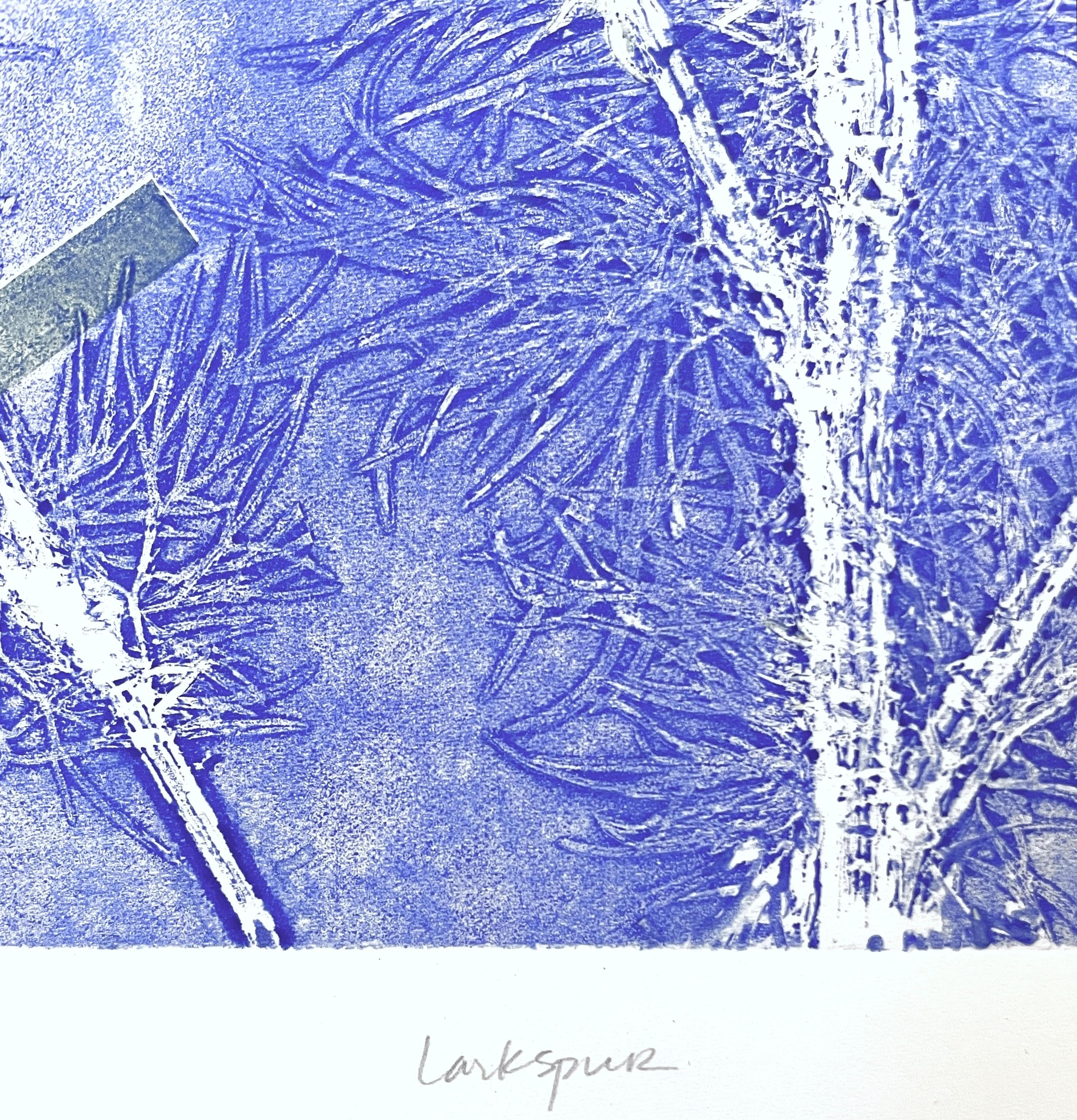 Framed one-of-a kind botanical ink monoprint w/ collage, abstract blue flowers For Sale 3