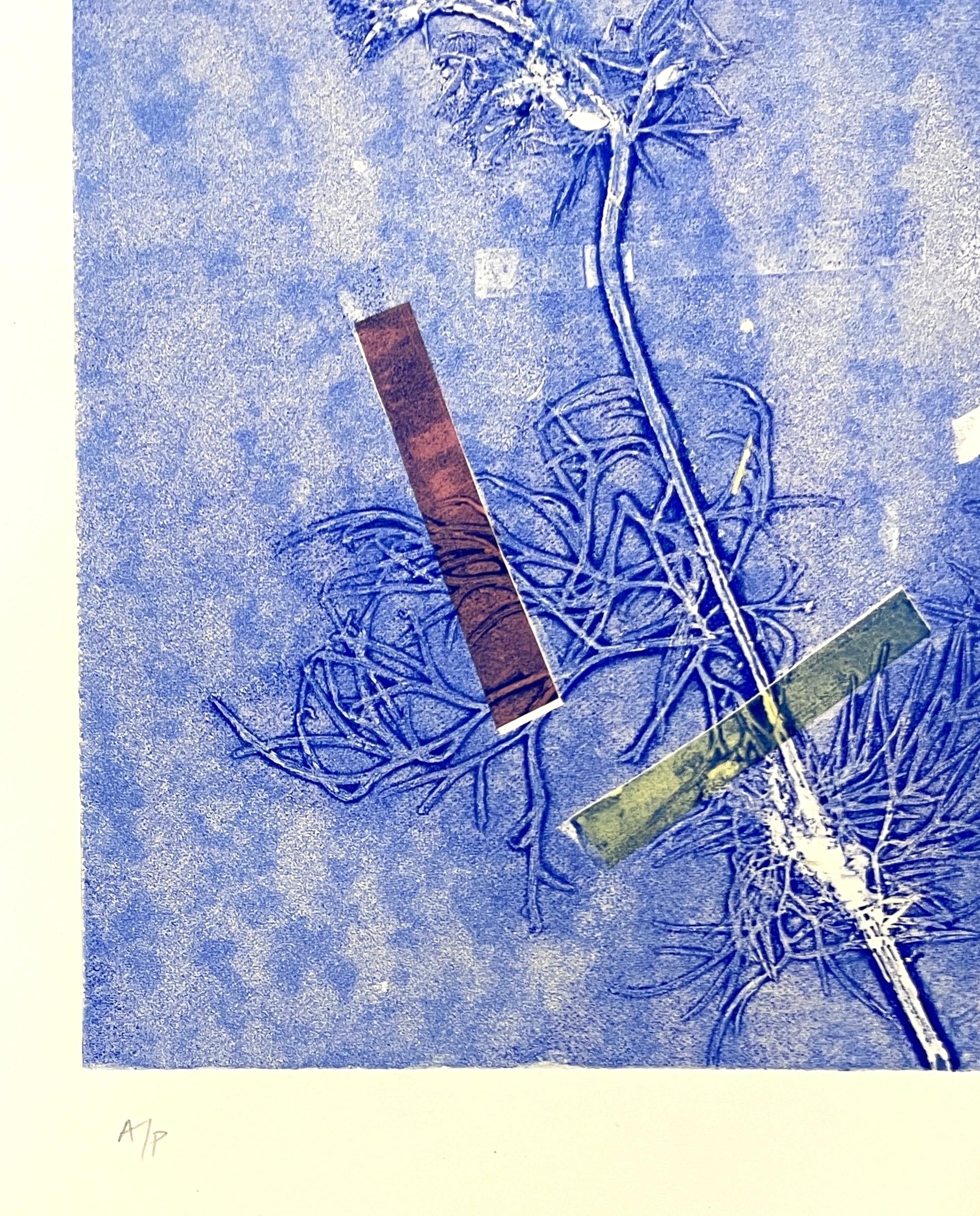 Framed one-of-a kind botanical ink monoprint w/ collage, abstract blue flowers For Sale 4
