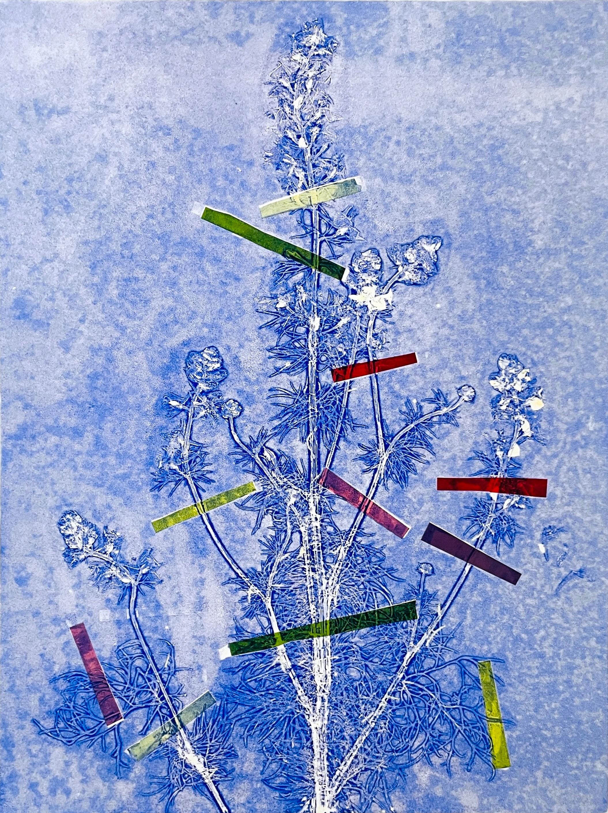 Monographie botanique à l
encre encadrée, unique en son genre, avec collage, fleurs bleues abstraites