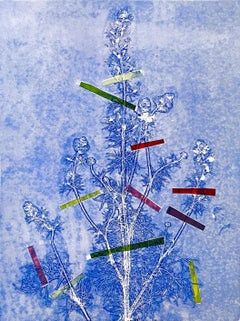 Monoprint botanico a inchiostro con collage, fiori astratti blu, incorniciato e unico nel suo genere