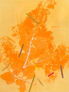 Framed one-of-a kind botanical ink monoprint w/ collage, abstract orange flowers