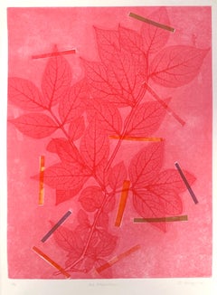 Framed one-of-a kind botanical ink monoprint w/ collage & abstract pink flowers