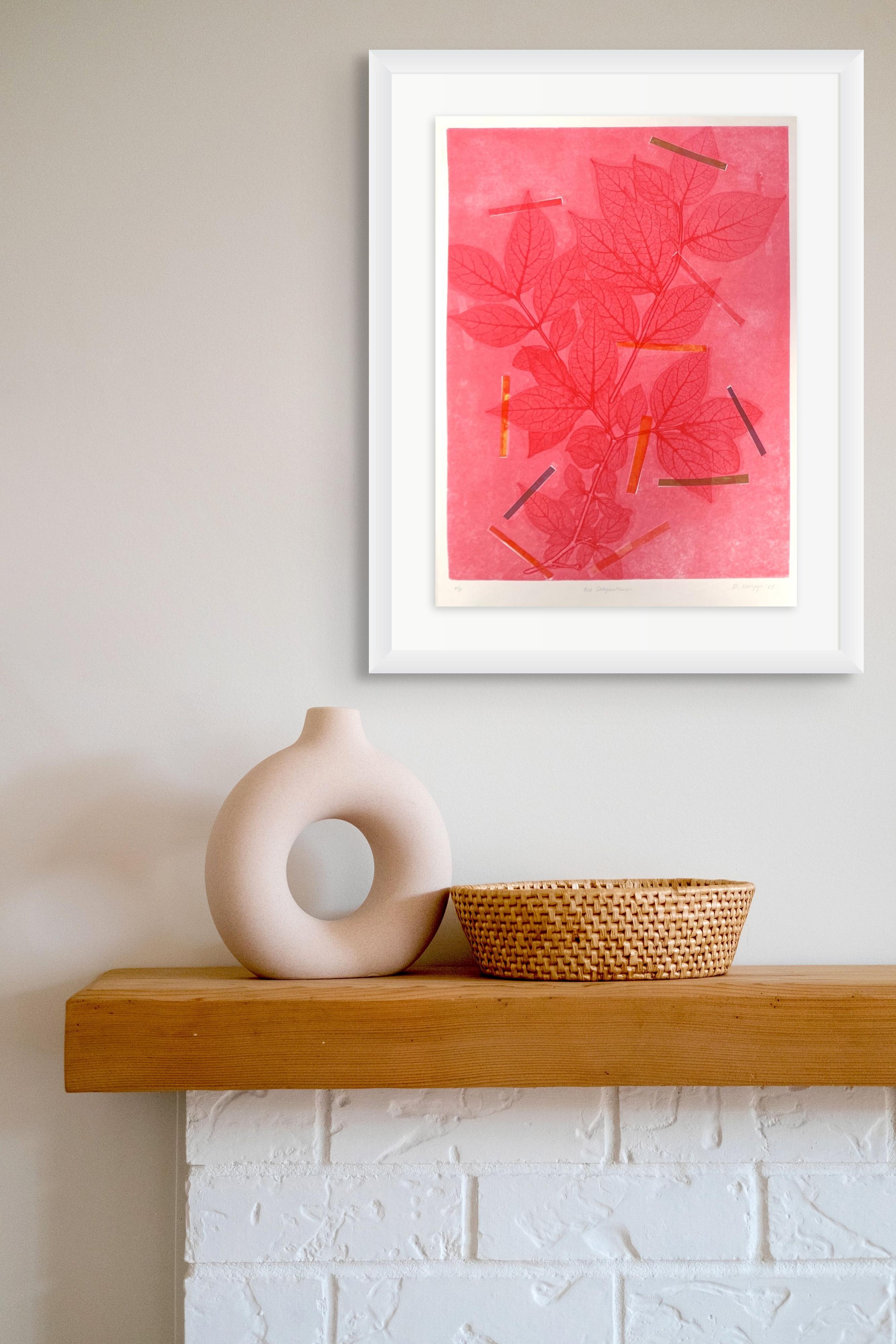 Framed one-of-a kind botanical ink monoprint w/ collage & abstract pink flowers - Contemporary Print by Deirdre Murphy