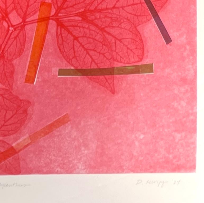 Framed one-of-a kind botanical ink monoprint w/ collage & abstract pink flowers For Sale 1