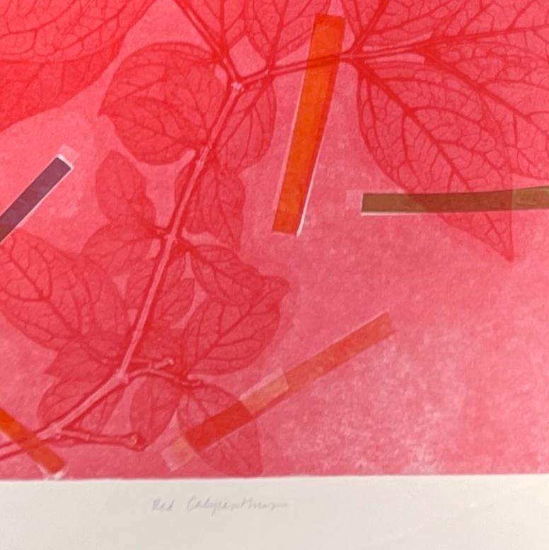 Framed one-of-a kind botanical ink monoprint w/ collage & abstract pink flowers For Sale 2