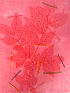 Framed one-of-a kind botanical ink monoprint w/ collage & abstract pink flowers