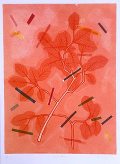 Framed one-of-a kind botanical ink monoprint w/ collage, abstract pink leaves