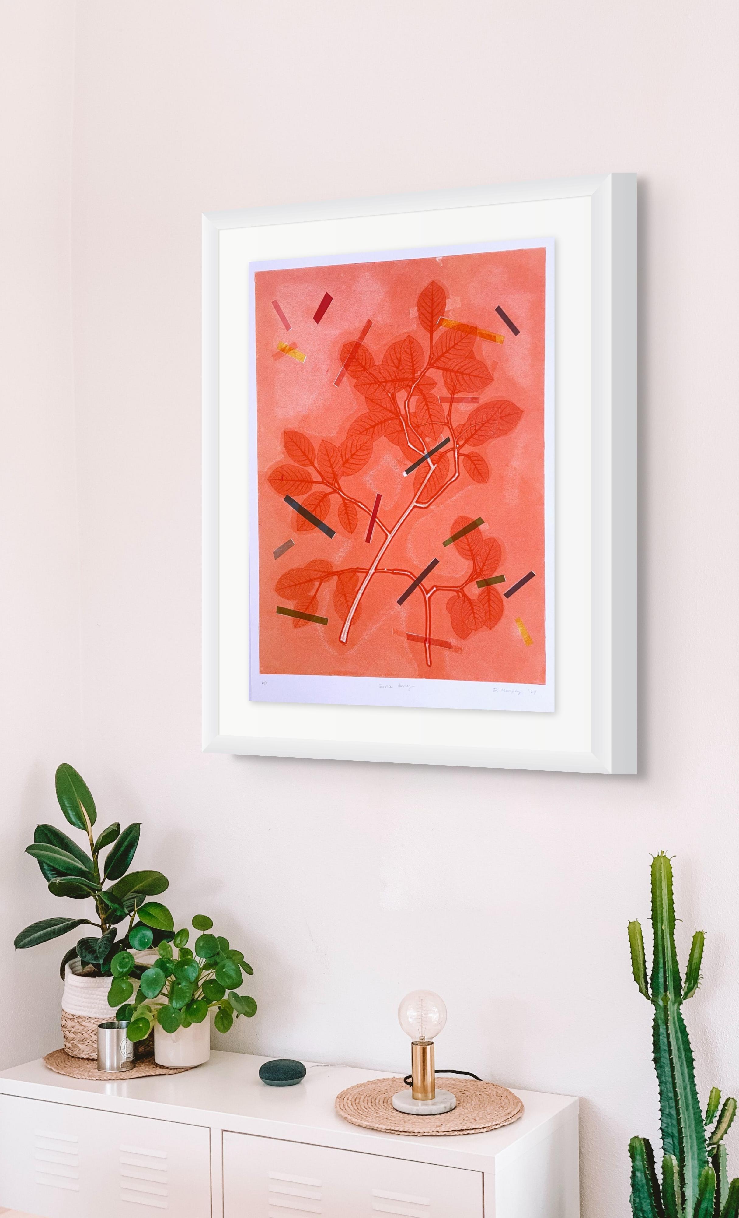 Gerahmtes, einzigartiges botanisches Tinten-Monoprint mit Collage, abstrakte rosa Blätter (Zeitgenössisch), Painting, von Deirdre Murphy