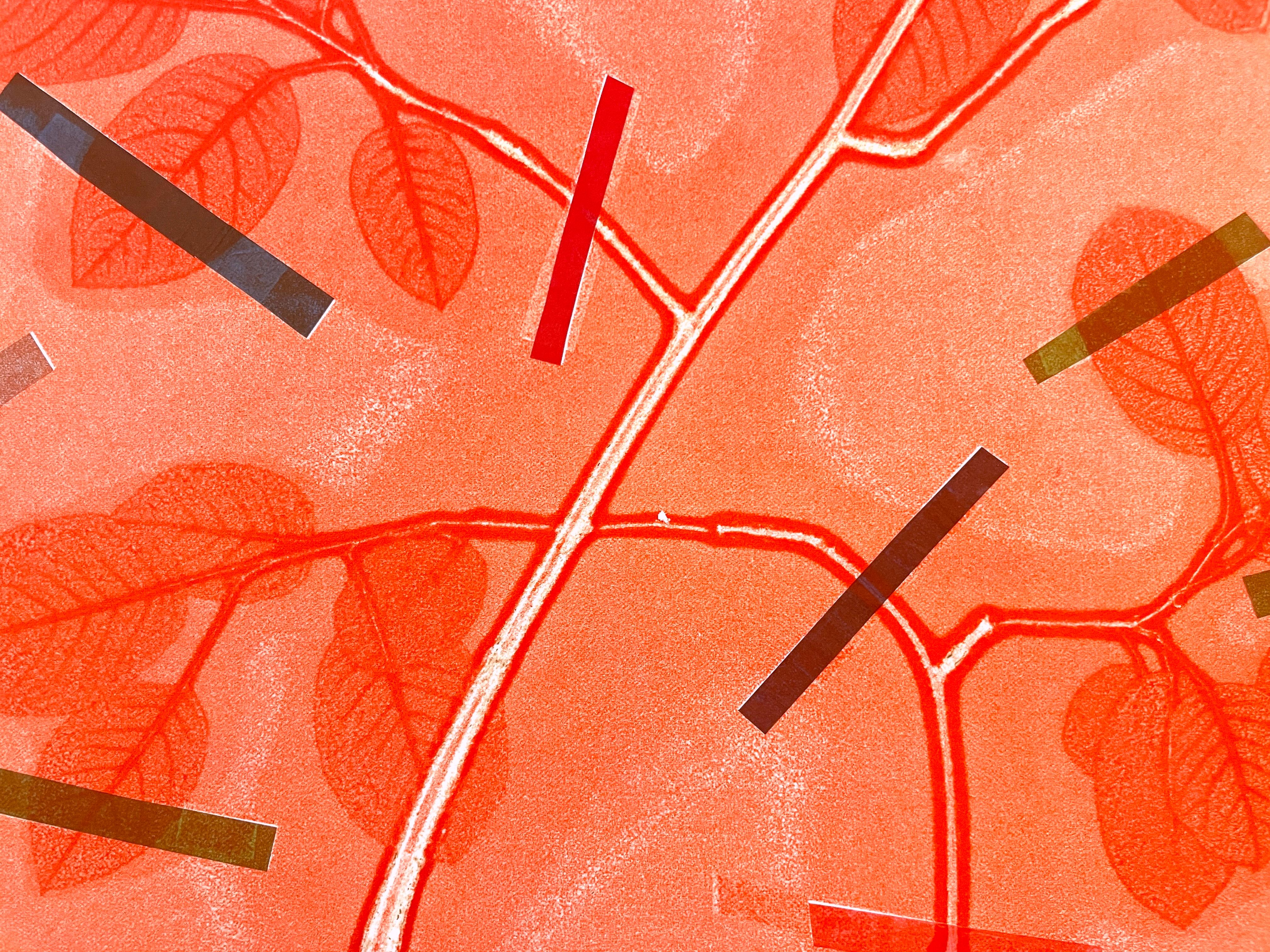 Gerahmtes, einzigartiges botanisches Tinten-Monoprint mit Collage, abstrakte rosa Blätter im Angebot 1