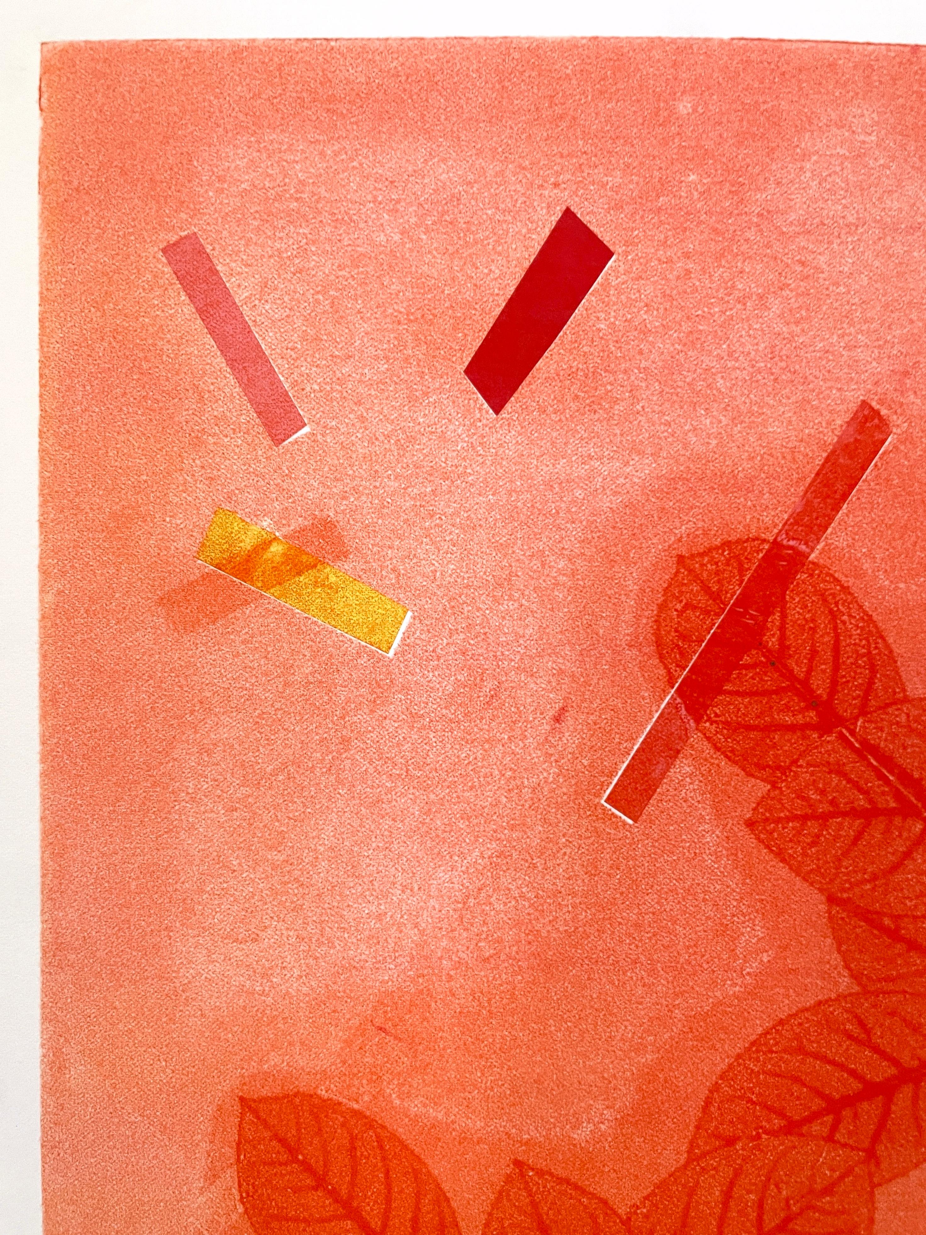 Gerahmtes, einzigartiges botanisches Tinten-Monoprint mit Collage, abstrakte rosa Blätter im Angebot 2