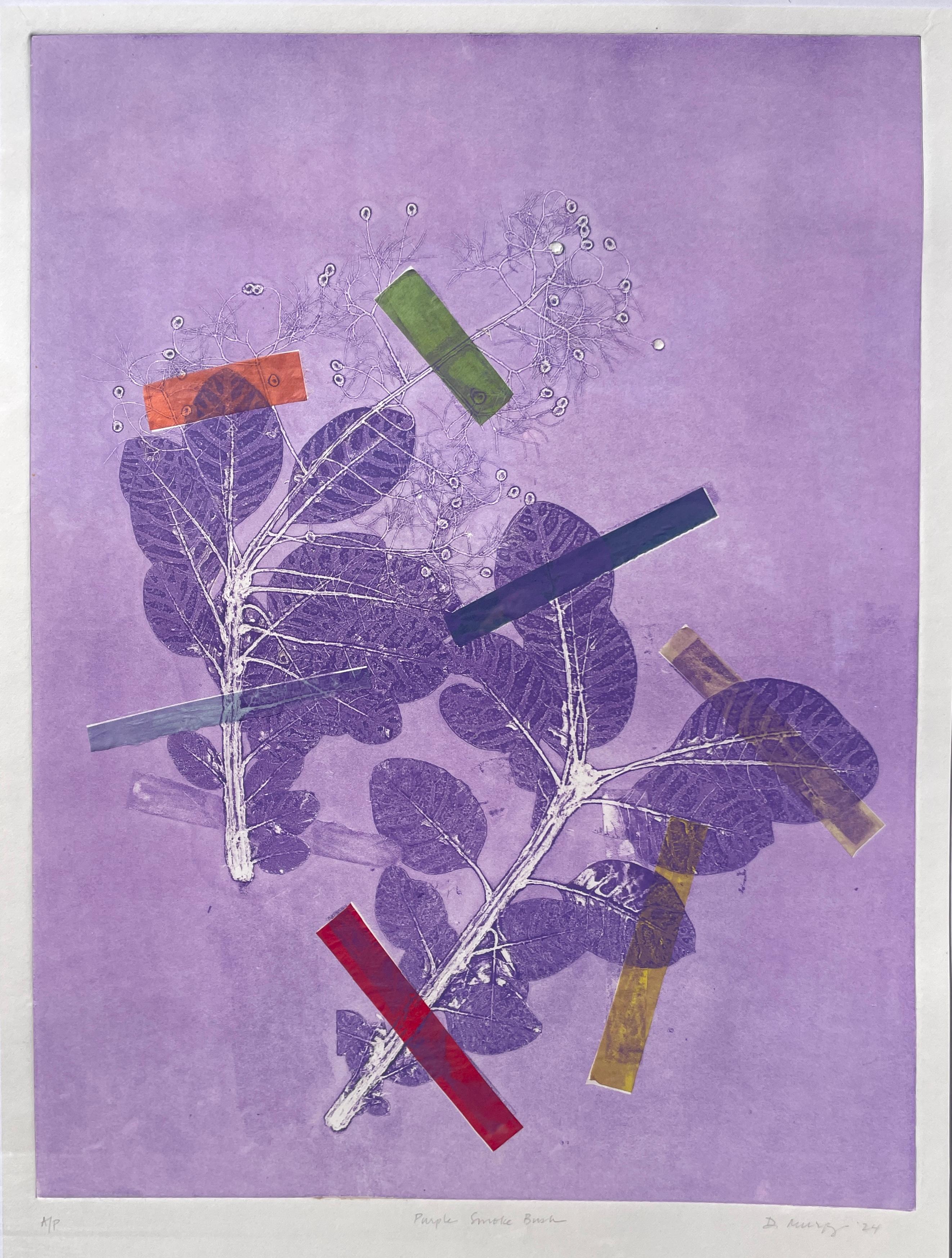 Monographie botanique à l'encre encadrée, unique en son genre, avec collage, fleurs abstraites violettes - Print de Deirdre Murphy