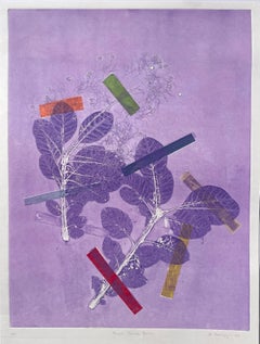 Framed one-of-a kind botanical ink monoprint w/ collage, abstract purple flowers