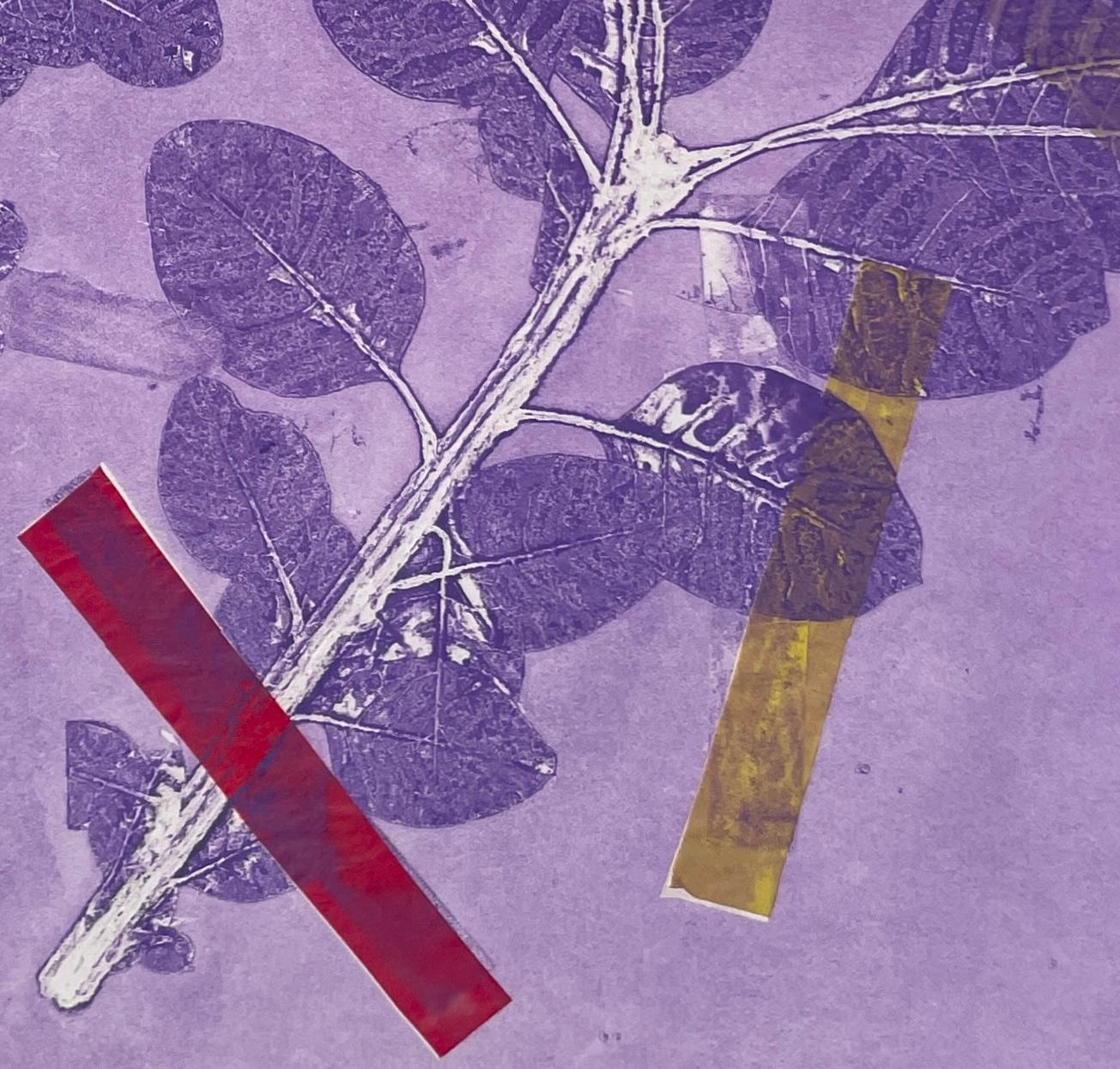 Monographie botanique à l'encre encadrée, unique en son genre, avec collage, fleurs abstraites violettes - Violet Abstract Print par Deirdre Murphy