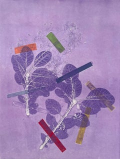 Monocopia botánica en tinta con collage, flores abstractas moradas, única en su género, enmarcada