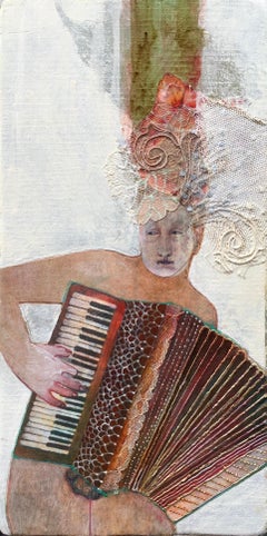 Accordion, figurative mixed media art on panel, woman with instrument