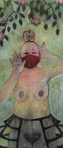 Apple and Cage, mixed media portrait of nude woman in garden