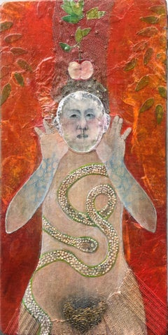 Apple and Snake, portrait of Eve, red mixed media painting on panel