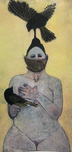 Birds, mixed media portrait of nude woman and crows, golden background