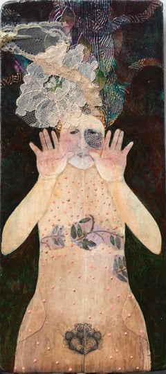 Black Eyed Eve, mixed media portrait of woman wearing floral headpiece
