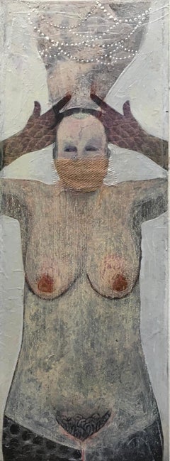Stockings noirs, portrait en technique mixte d'une femme nue, couleurs neutres
