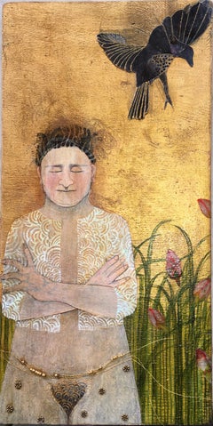 Cardigan, portrait of woman sitting in garden, crow in sky, golden background