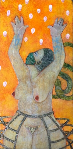 Cease, orange mixed media portrait of nude woman