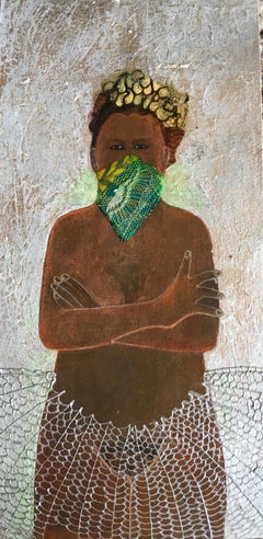Chain Link Skirt, mixed media portrait of woman wearing green mask