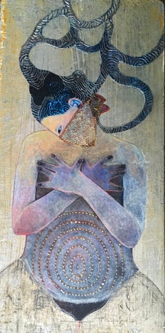 Coat of Armor, mixed media portrait of strong woman wearing mask