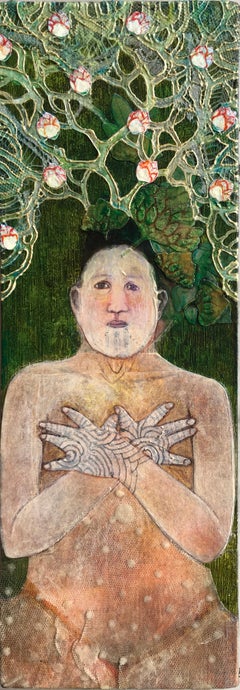 Dark Tree, portrait of nude woman in garden, mixed media on panel