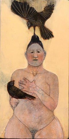 Eve und die Vögel, Mixed-Media-Porträt einer nackten Frau mit Krähen