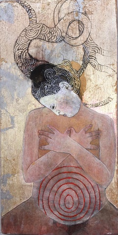 Eve Waiting, mixed media portrait of nude woman, neutral colors