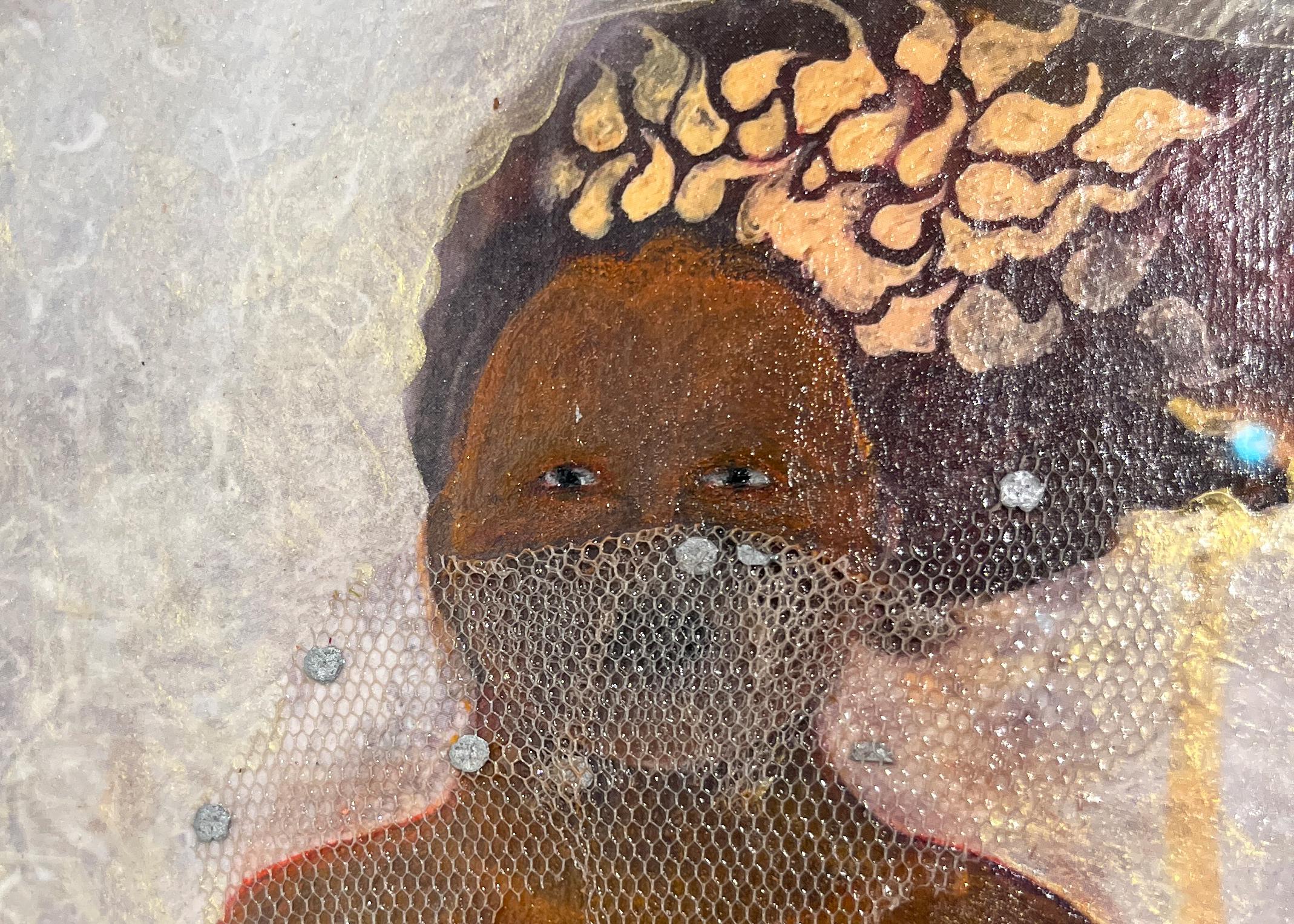 Fire, portrait en techniques mixtes d'une femme nue - Beige Nude Painting par Deirdre O'Connell
