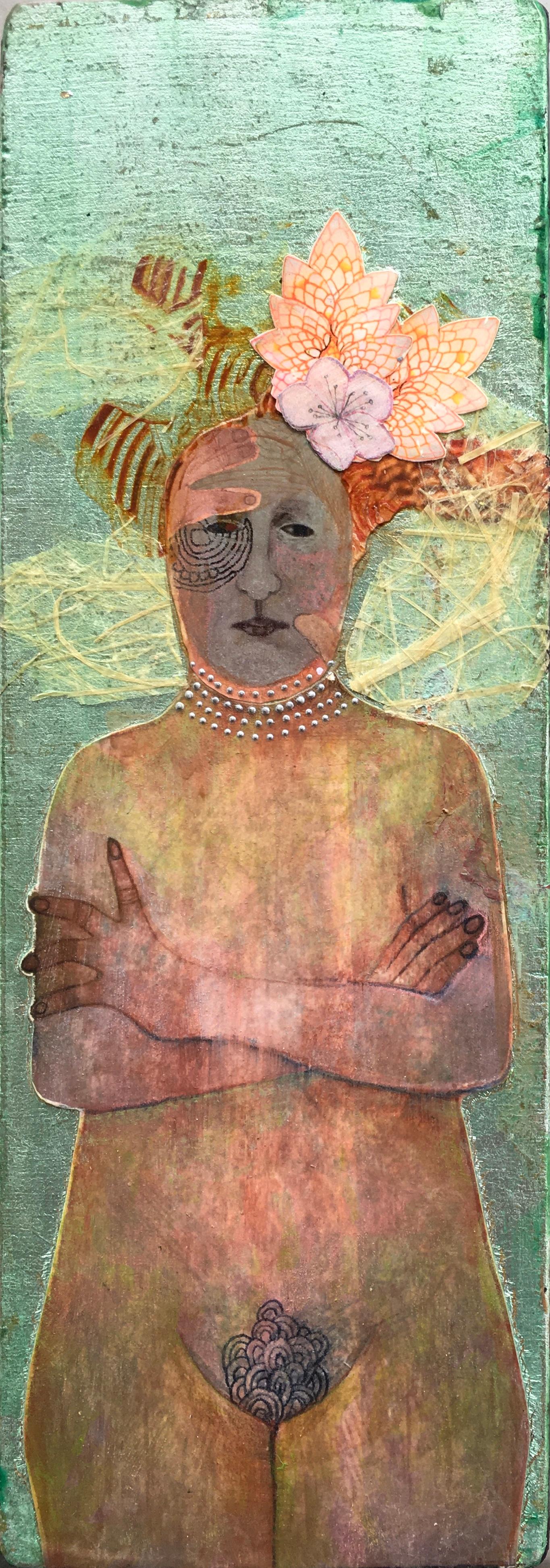 Guard, nude portrait of woman with floral headpiece, green, mixed media on panel