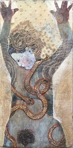 Hands Up, portrait of nude woman, golden snake, mixed media on panel