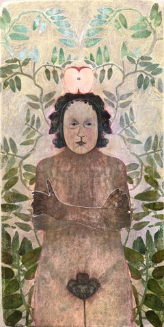 In Sickness, portrait of nude woman in green garden, mixed media on panel