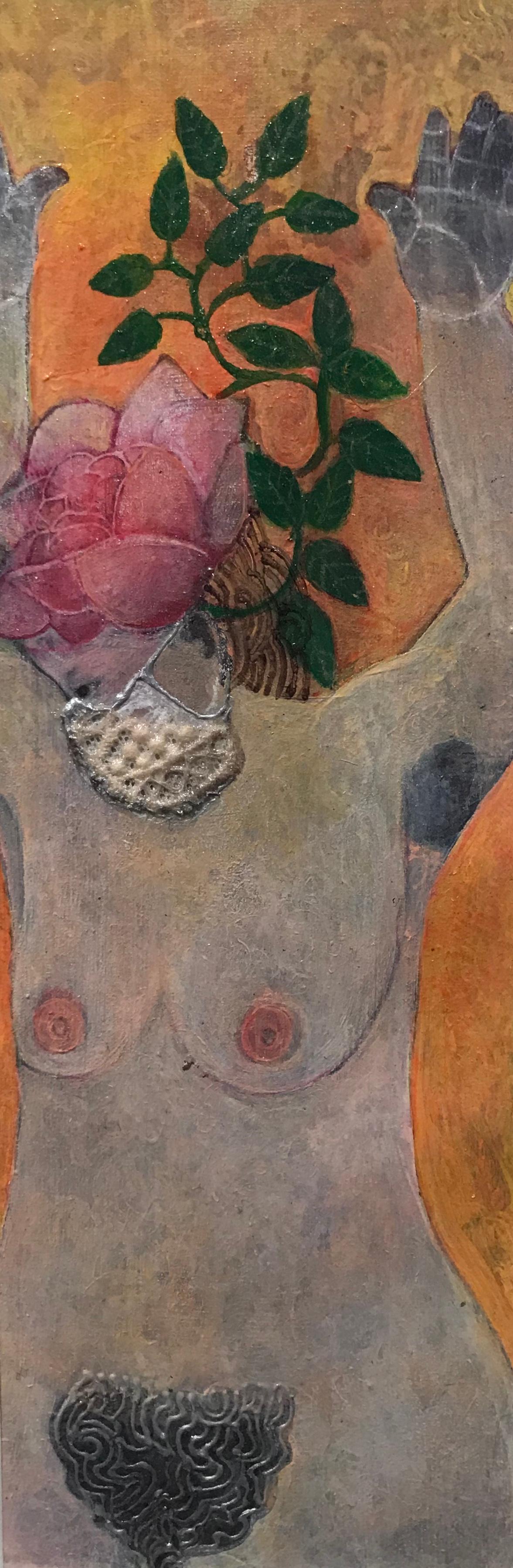 Deirdre O'Connell Nude Painting - Masked Rose, mixed media portrait of woman with headpiece, orange and pink
