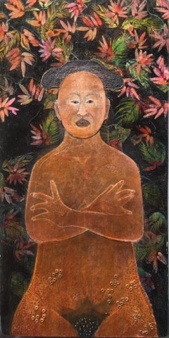 Matador, mixed media portrait of nude woman in dark garden