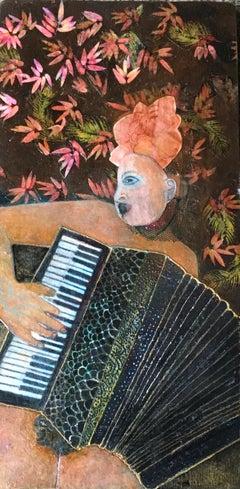 Private, mixed media portrait of woman playing instrument in garden