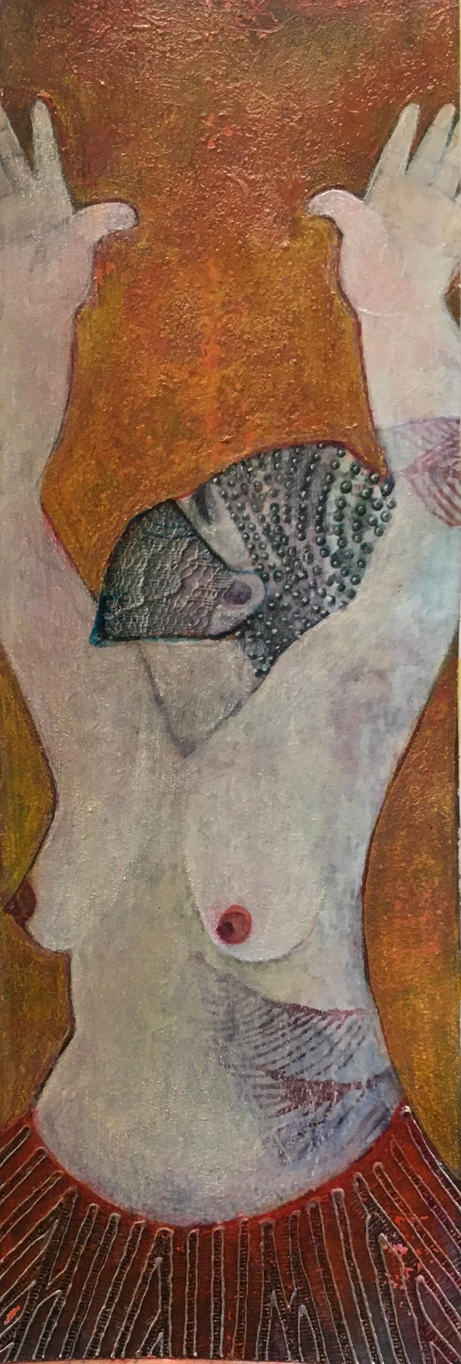 Red Skirt, mixed media portrait of nude woman wearing mask, orange