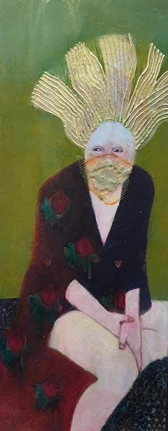 Robed Eve #1, mixed media portrait of woman wearing a mask, green background