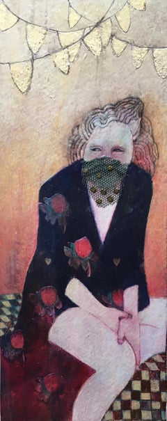 Robed Eve #2, mixed media portrait of woman wearing mask, party