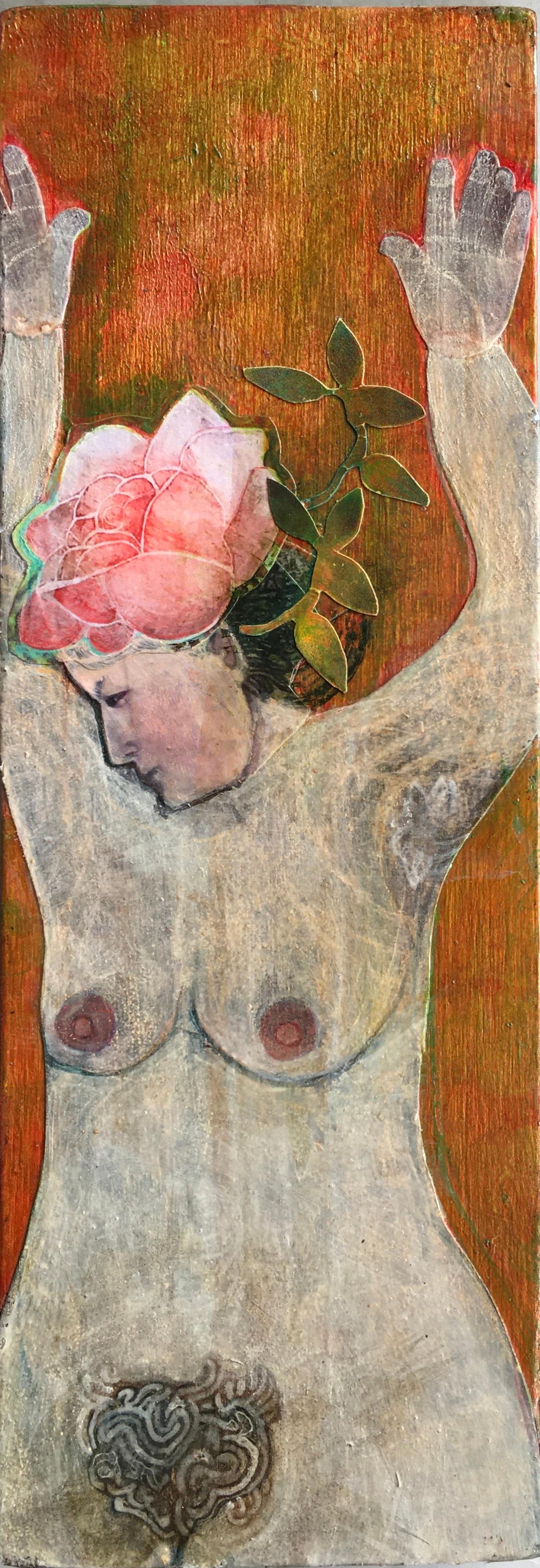 Rose, portrait of nude woman with floral headpiece, mixed media on panel